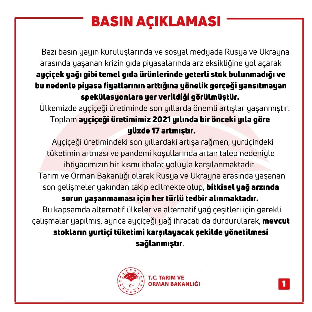 Bakan Kirişci: “Ülkemizin yeterli miktarda ayçiçek yağı stoku bulunmaktadır”
